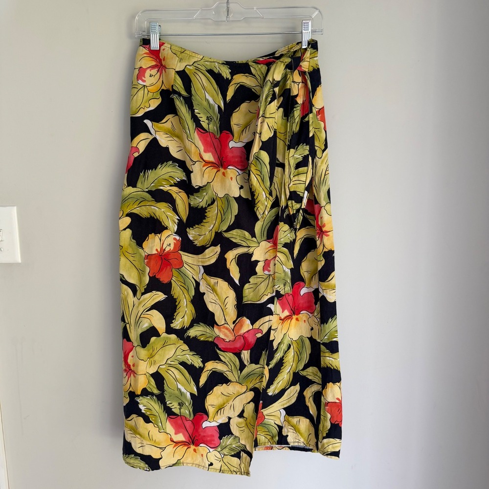 Vintage Talbots Linen Blend Wrap Midi Skirt Tropical Floral Print Green Size 8